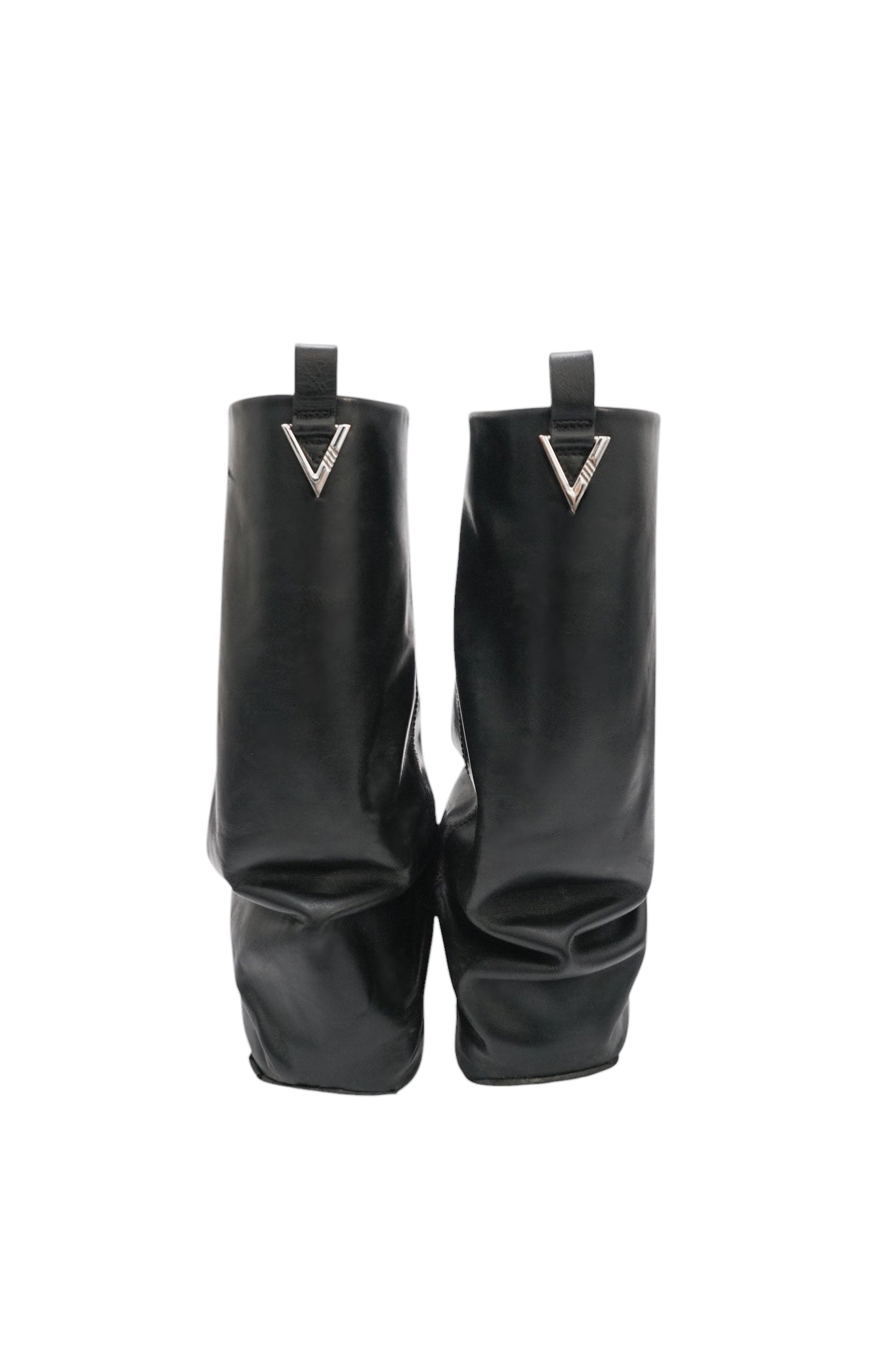 Black rain boots with a brand logo on a white background