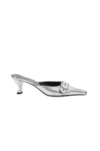 Silver high-heeled shoe with a pointed toe on a white background