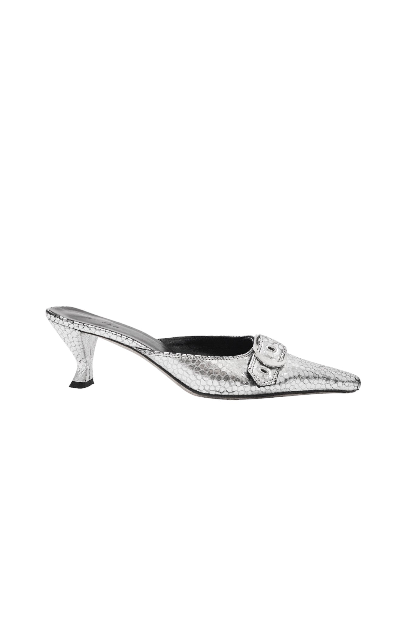 Silver high-heeled shoe with a pointed toe on a white background