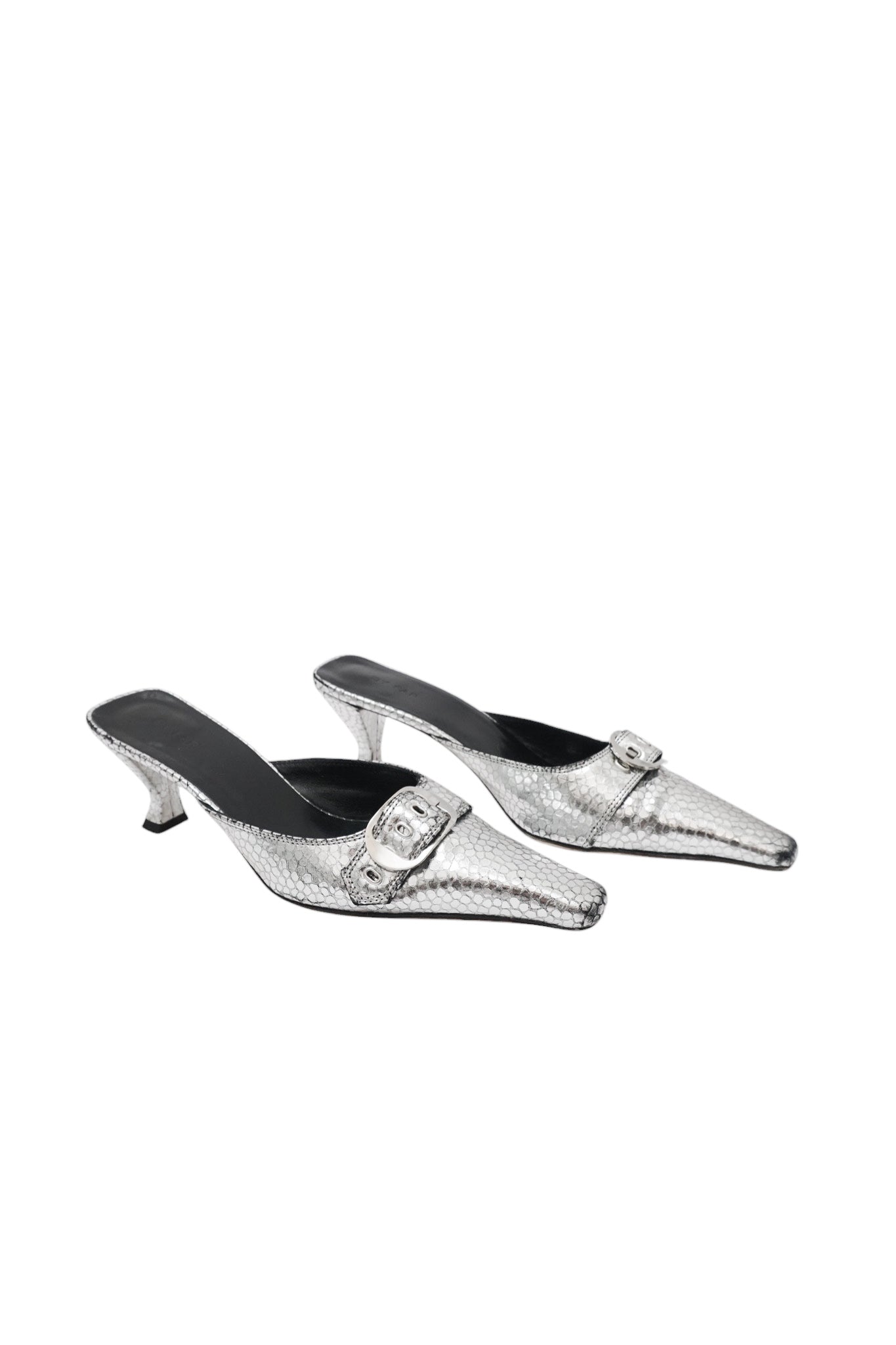 Pair of silver glittery high-heeled shoes on a white background