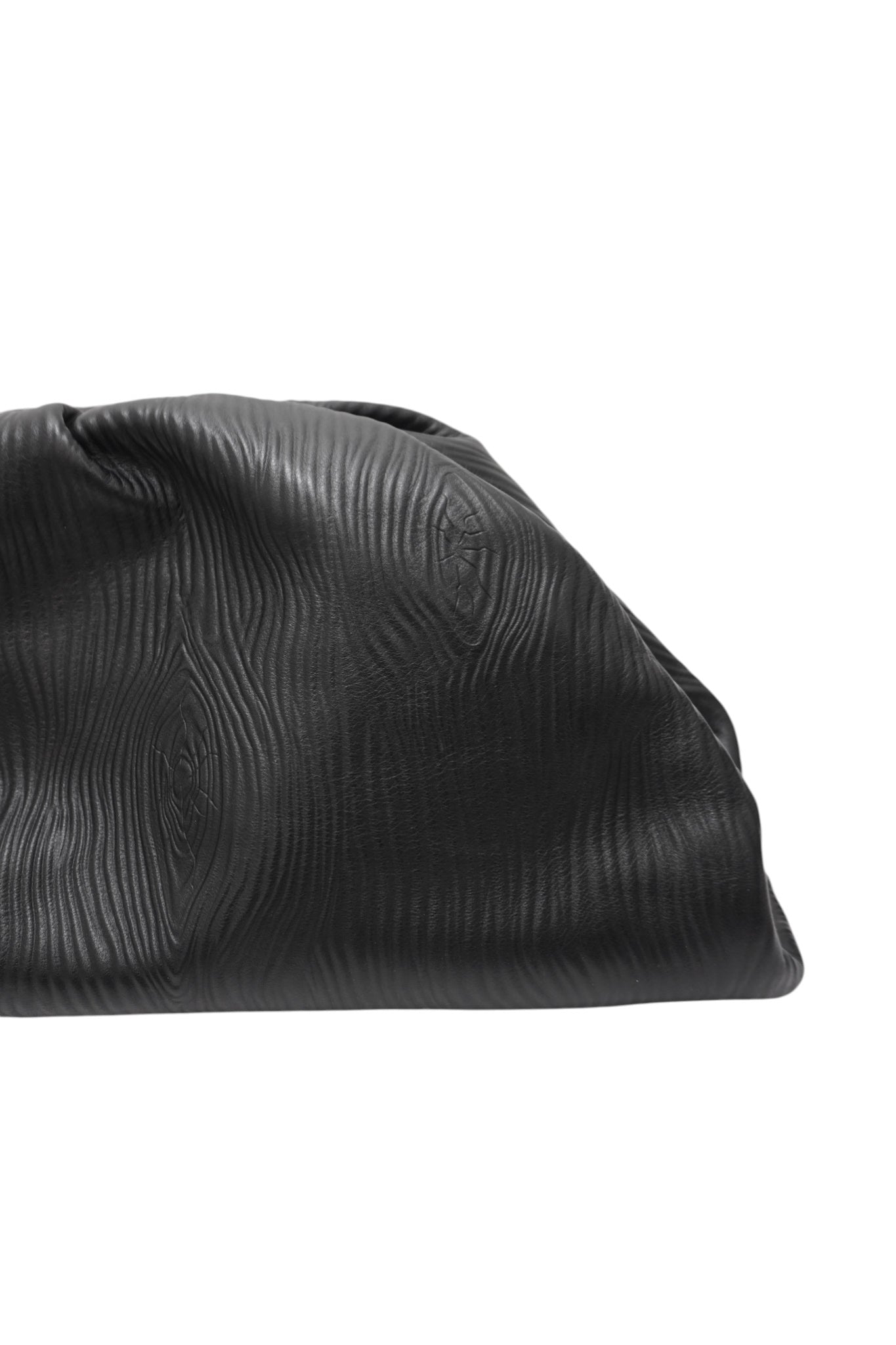 Black textured clutch bag on a white background