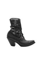Black leather boot with woven design and buckles on a white background