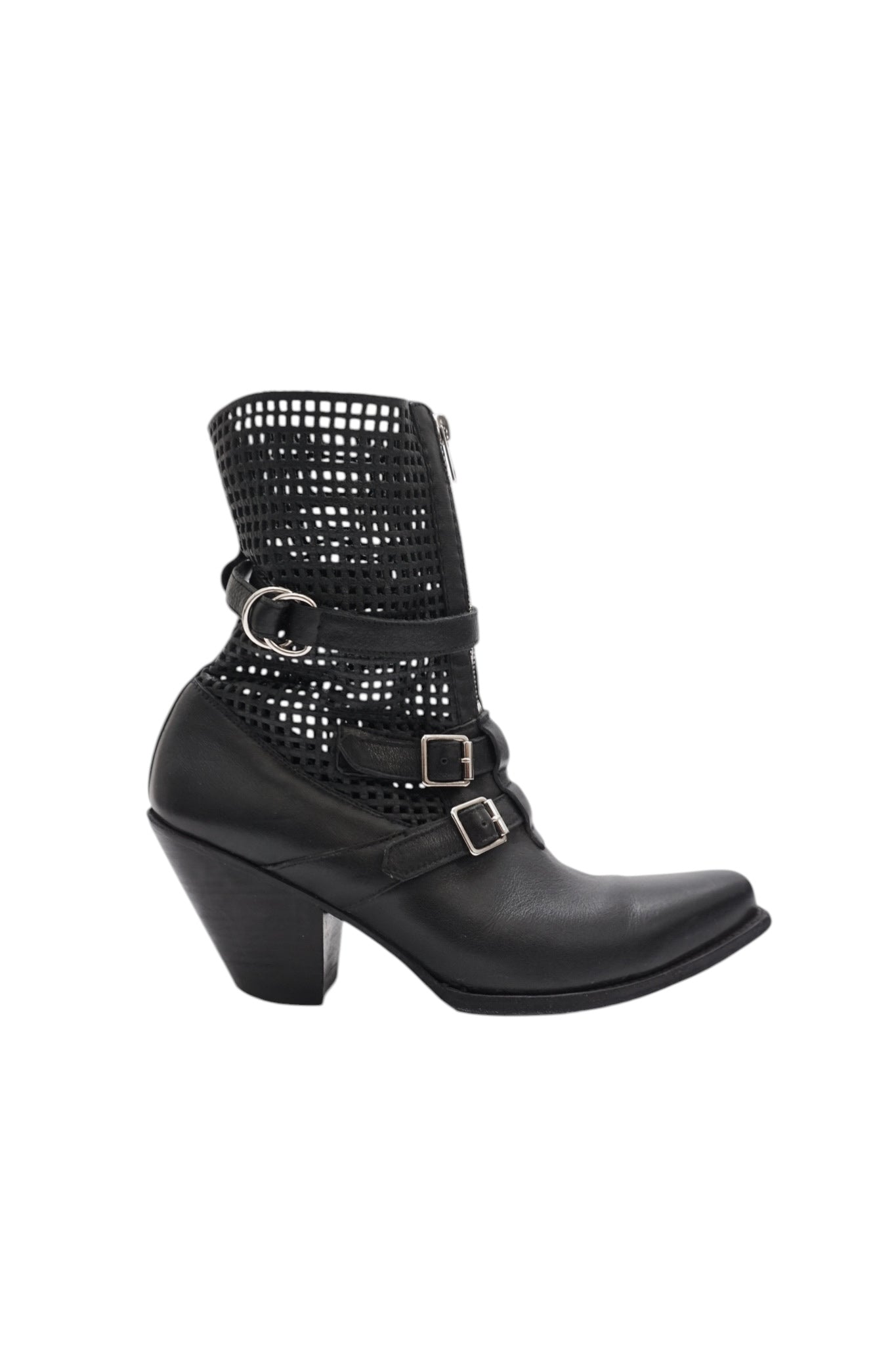 Black leather boot with woven design and buckles on a white background