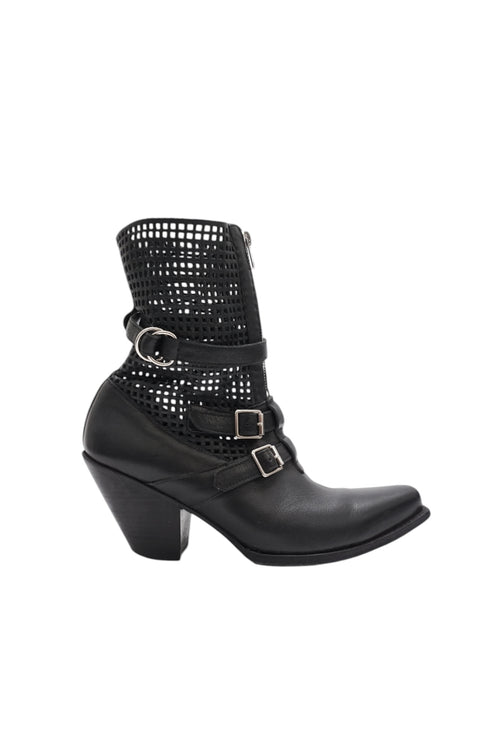 Black leather boot with woven design and buckles on a white background