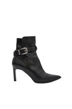 Black high-heeled ankle boot with a buckle on a white background