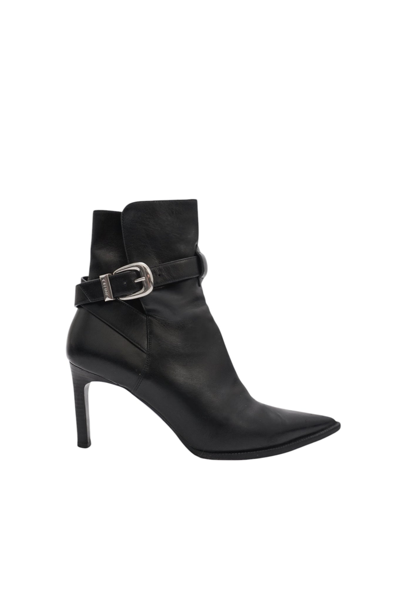 Black high-heeled ankle boot with a buckle on a white background
