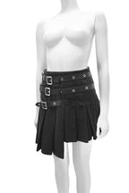 Black skirt with belt and buckles on a mannequin against a white background