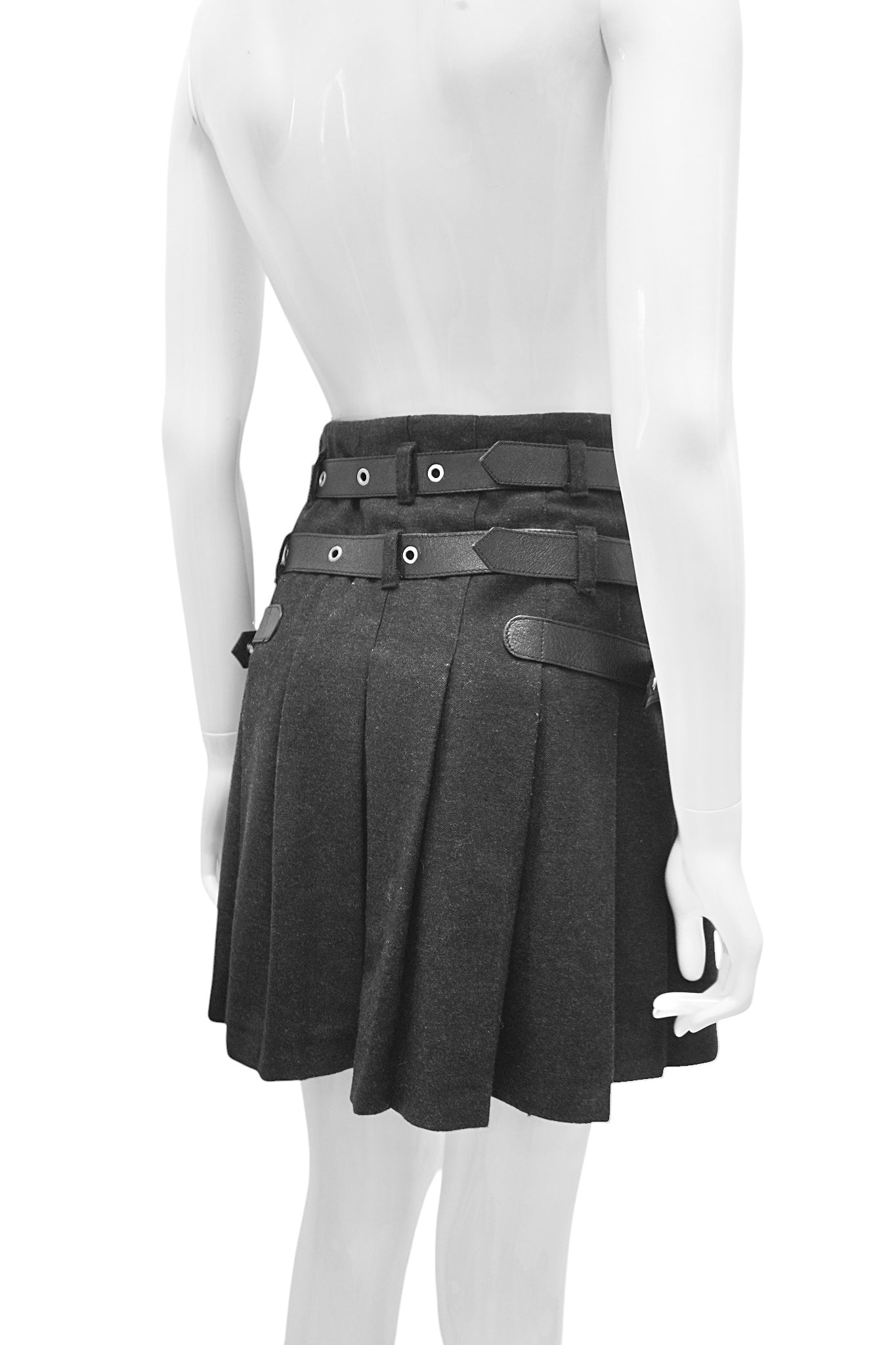 Black pleated skirt with belt on a mannequin against a white background