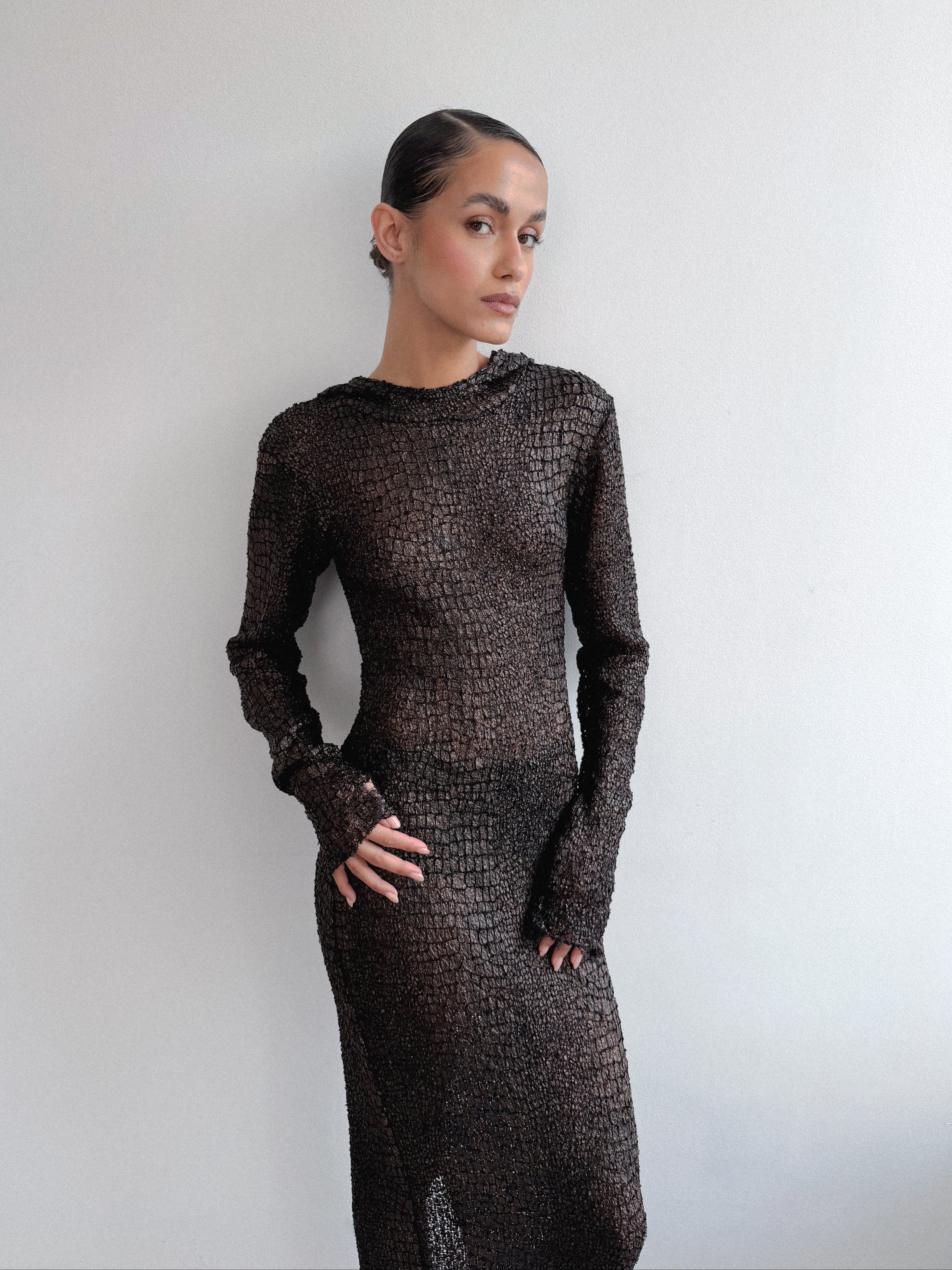 IBMH Textured Hooded Dress