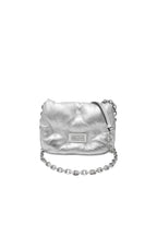 Silver handbag with chain detail on a white background