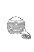 Silver handbag with chain detail on a white background