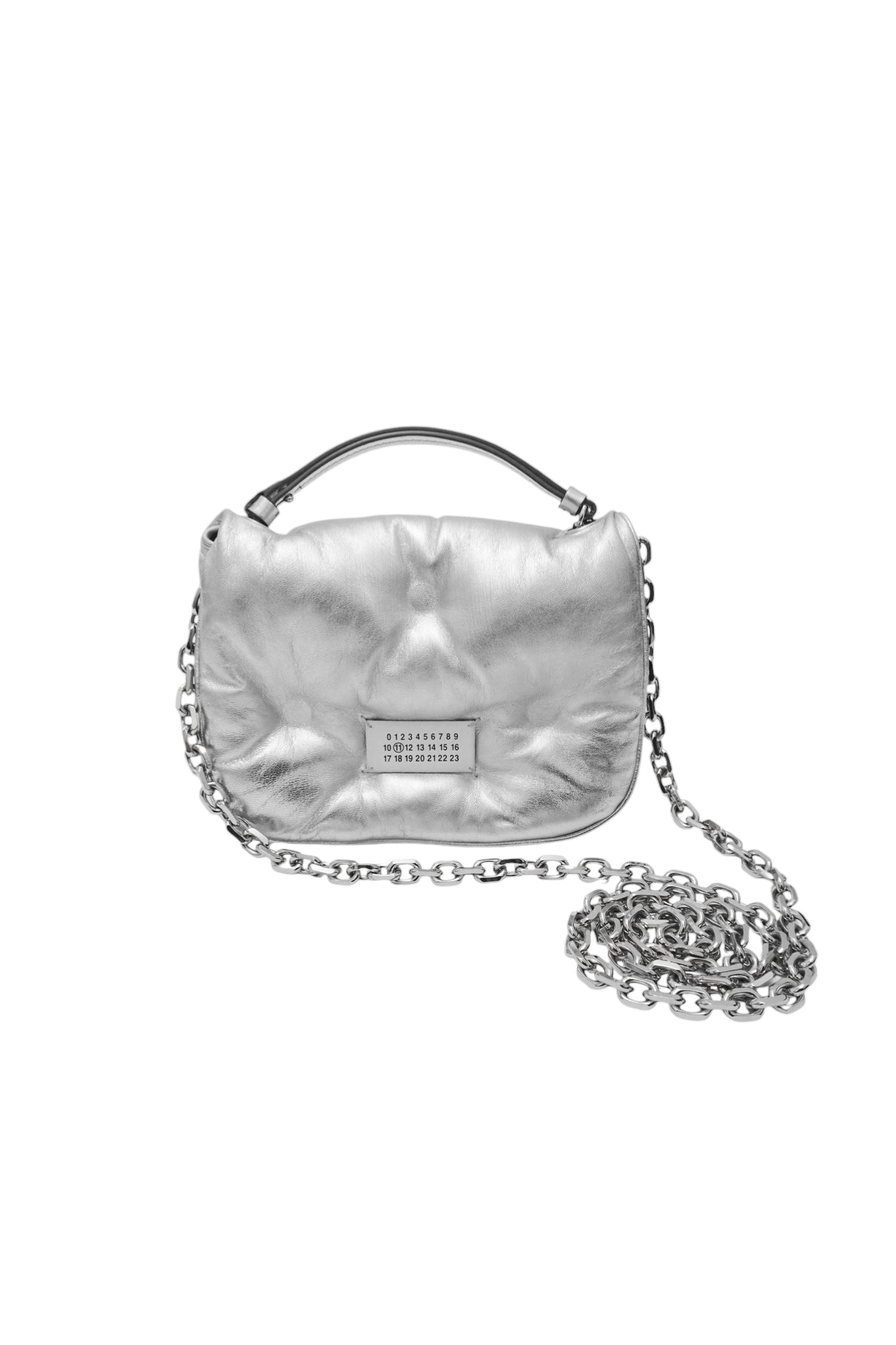 Silver handbag with chain detail on a white background