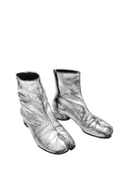 Pair of silver metallic boots on a white background