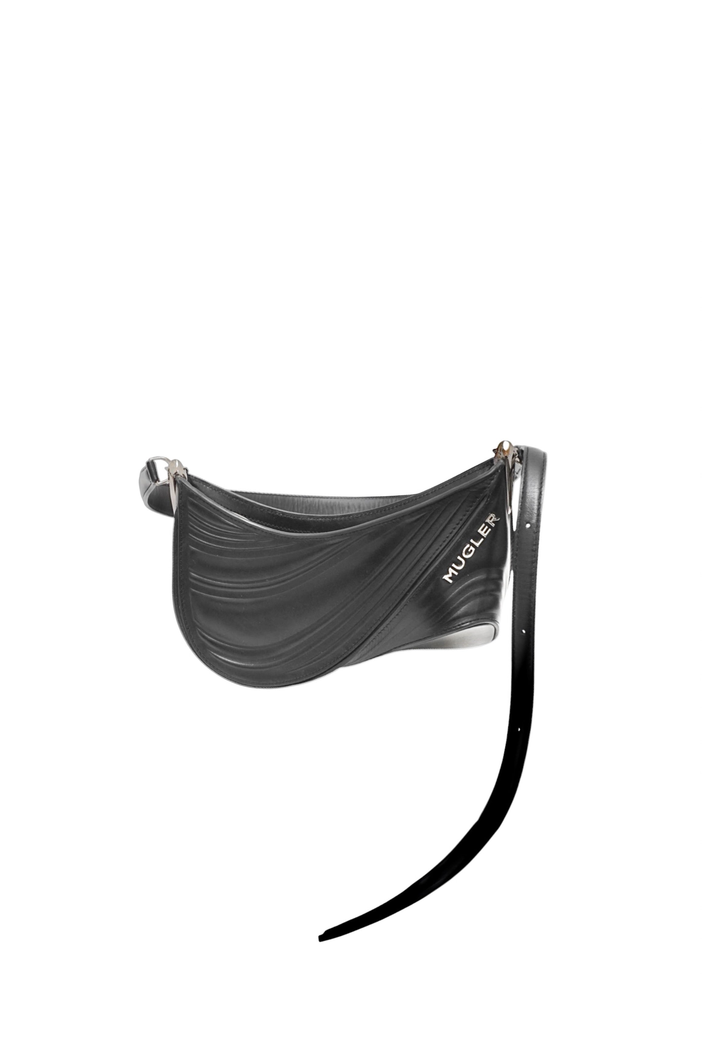 Black hair extension with 'Mugler' branding on a white background