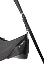 Black bag with 'Mugler' branding on a white background