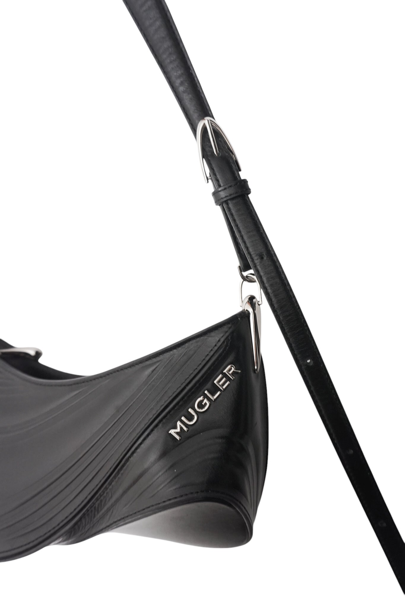 Black bag with 'Mugler' branding on a white background