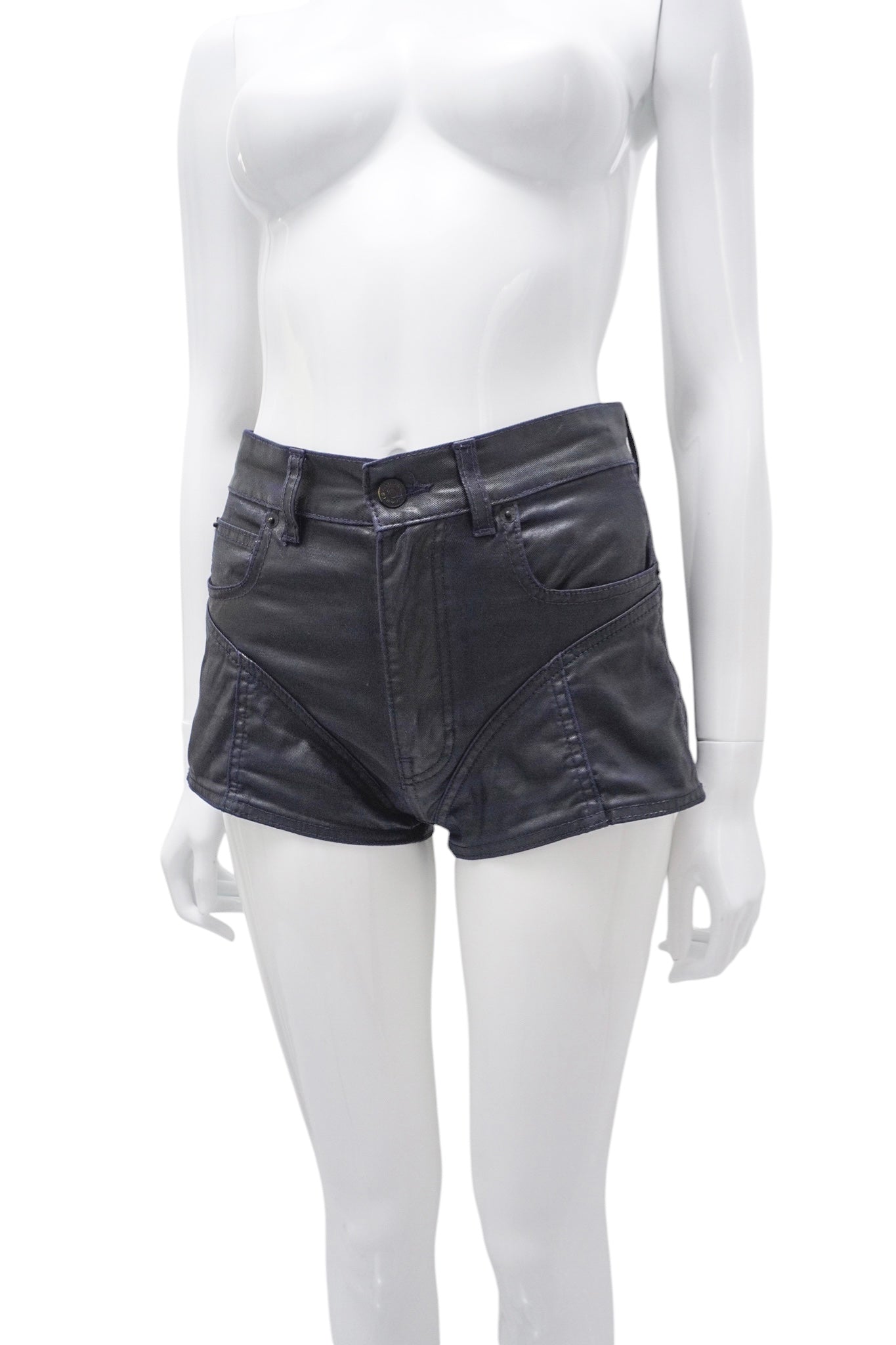 Black leather shorts on a white mannequin against a white background