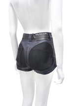 Black denim shorts on a mannequin with 'HUGLIER' branding.