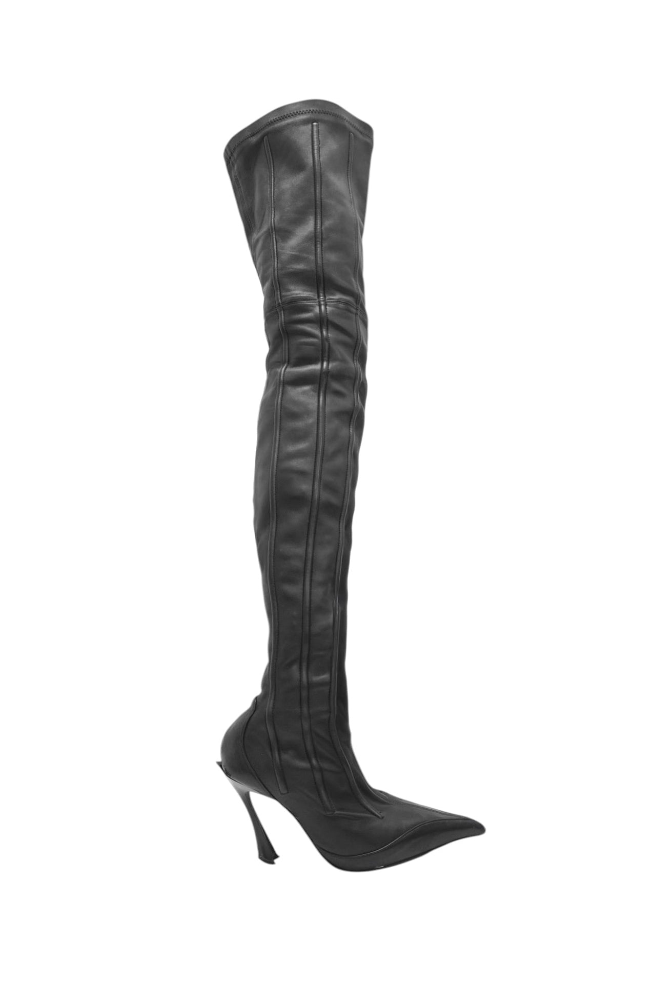 Black leather thigh-high boot on a white background