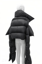 Black puffer jacket on a mannequin against a white background