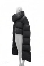 Black puffer coat on a mannequin against a white background