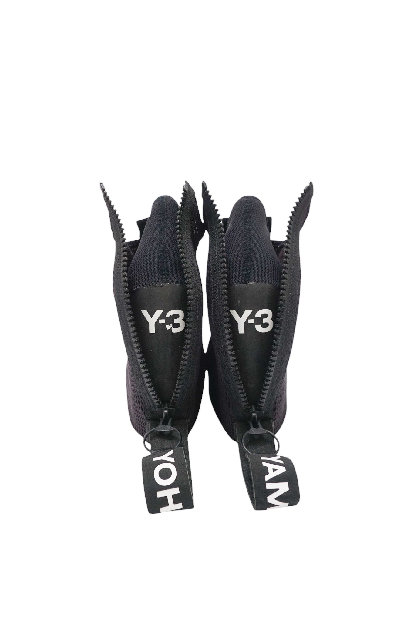 Black zippers with Y-3 branding on a white background